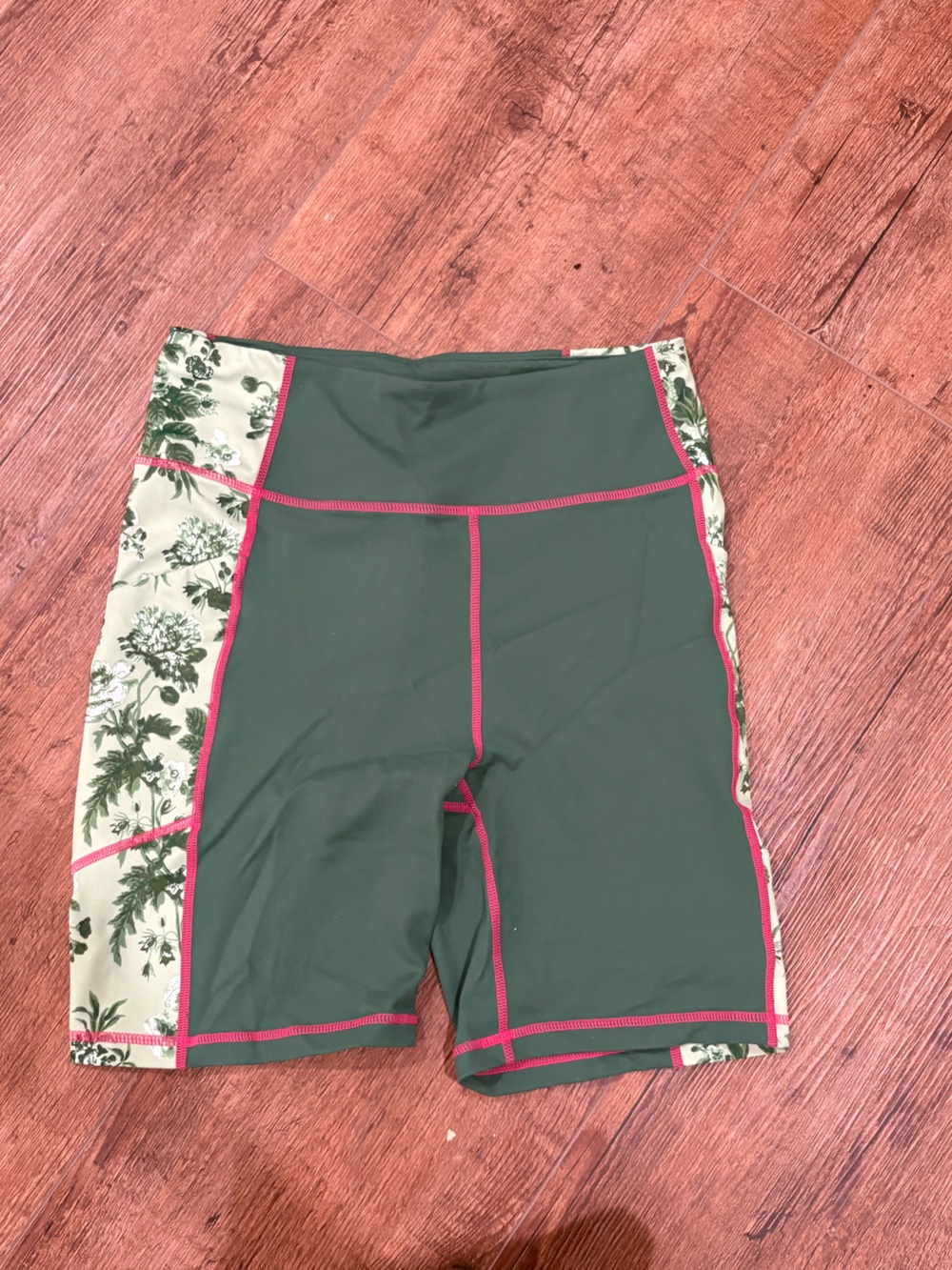 Green Athletic Bike Shorts with Floral Side Panels